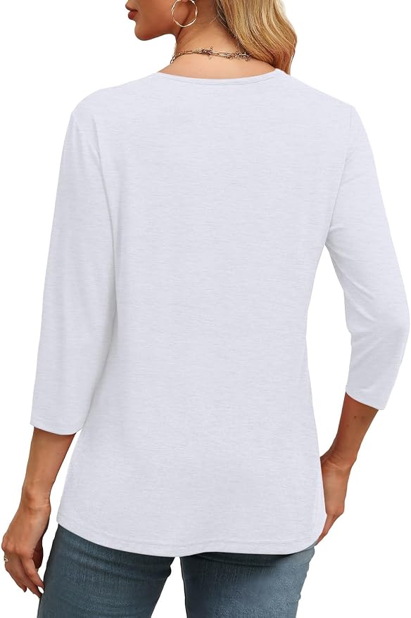 WIHOLL Womens Tops 3/4 Length Sleeve V Neck Casual Tunic Tops Basic Shirts Loose Fit Blouse