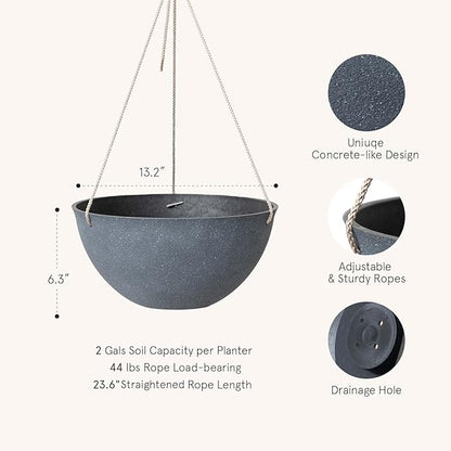 LA JOLIE MUSE Large Hanging Planters for Outdoor Plants - Hanging Flower Pots Weathered Gray (13.2 Inch, Set of 2)