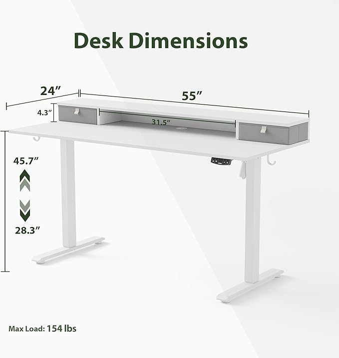 55 x 24 Inches Electric Standing Desk with 2 Storage Drawers, Stand Up Desk Adjustable Height, Sit and Stand Computer Table with Splice Board, White