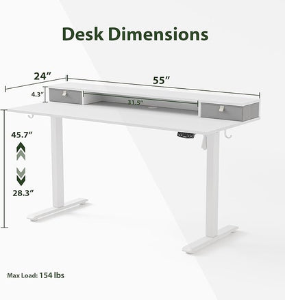 55 x 24 Inches Electric Standing Desk with 2 Storage Drawers, Stand Up Desk Adjustable Height, Sit and Stand Computer Table with Splice Board, White