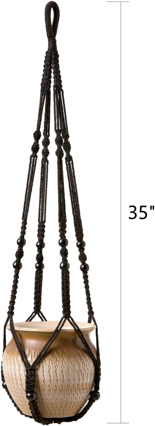 Mkono Macrame Plant Hanger Indoor Hanging Planter Basket with Wood Beads Decorative Flower Pot Holder No Tassels for Indoor Outdoor Boho Home Decor 35 Inch, Black, Set of 1 (POTS NOT Included)