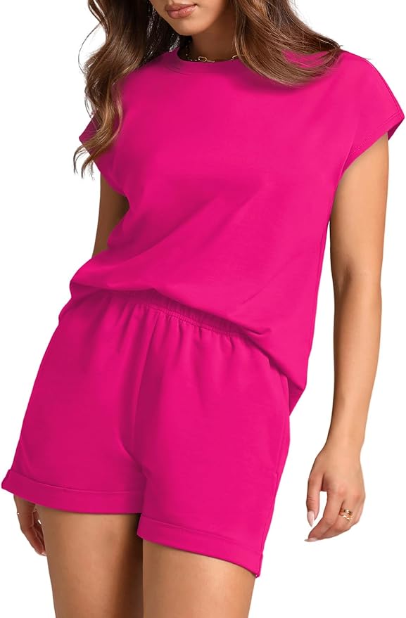 WIHOLL 2 Piece Sets for Women Casual Summer Travel Vacation Outfits Cap Sleeve Shorts Lounge Set