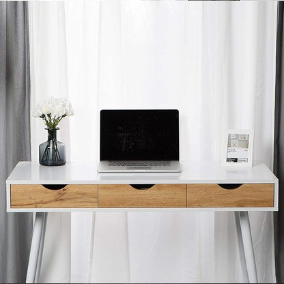 soges Mid Century Desk with Drawers, 3-Drawer Writing Study Desk, 43.3 inches Home Office Computer Desk for Small Space, Multifunctional Vanity Table Desk, White