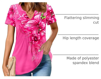 Zeagoo Womens Short Sleeve Tops Summer Henley V-Neck Tshirts Casual Pleated Blouse Dressy Loose Floral Basic Tee