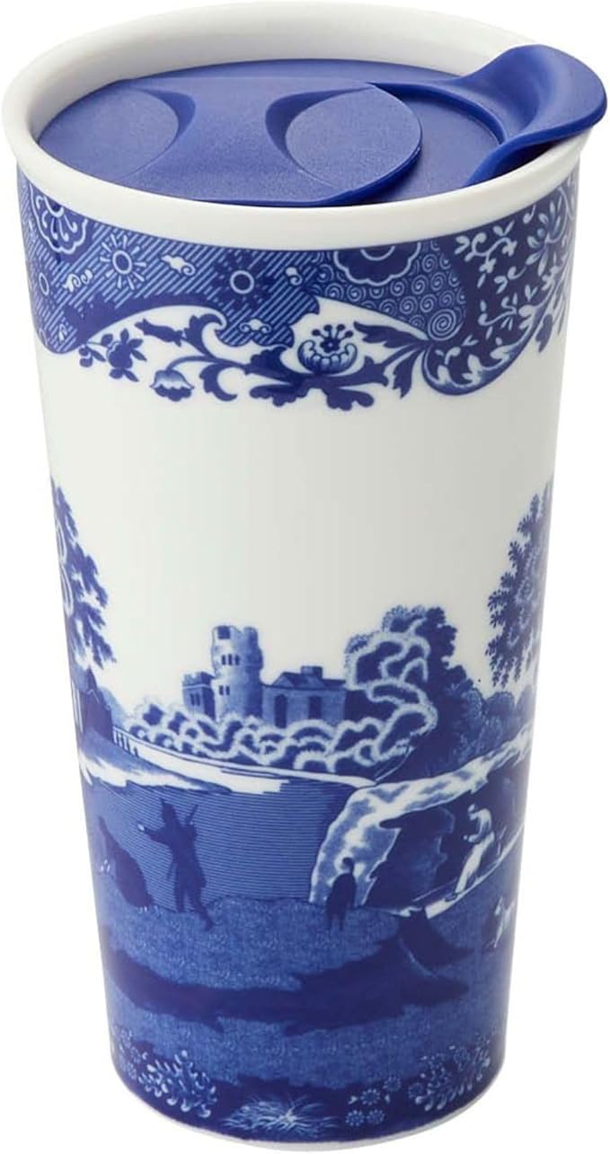 Spode Blue Italian Travel Mug | 12-Ounce Capacity | Made of Porcelain | Travel Tumbler for Coffee and Tea | Hot Water Cup | Dishwasher and Microwave Safe