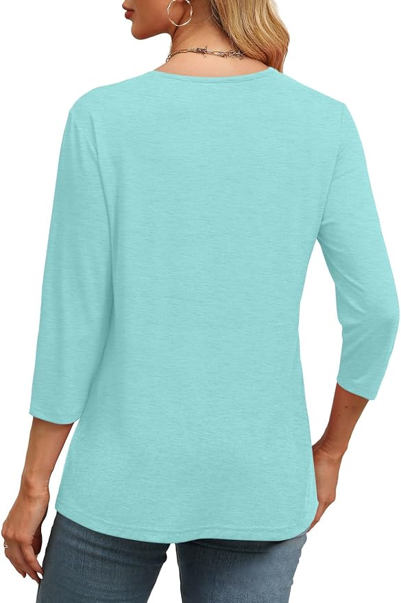 WIHOLL Womens Tops 3/4 Length Sleeve V Neck Casual Tunic Tops Basic Shirts Loose Fit Blouse