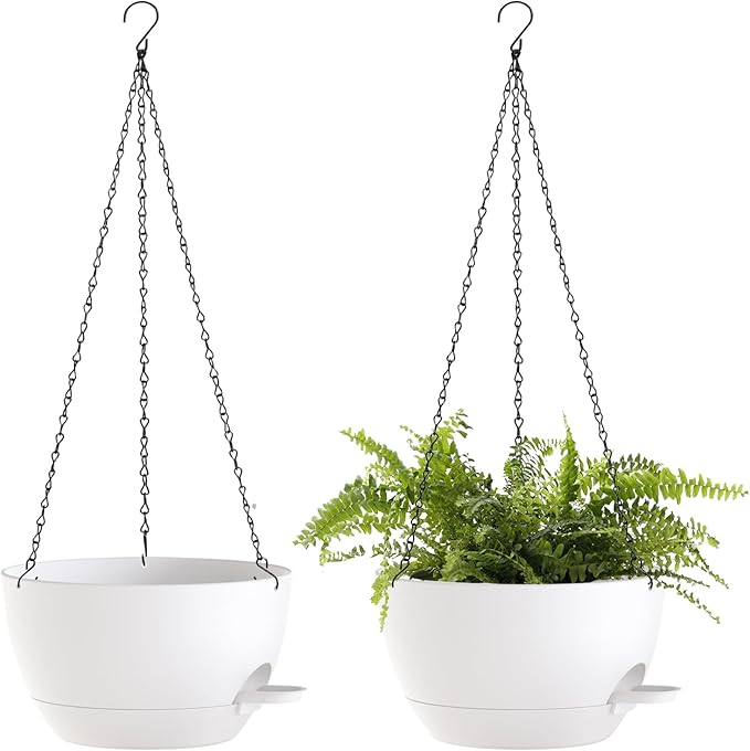 12 Inch Hanging Baskets 2 PC with Chains, Self-Watering Hanging Planters for Indoor Outdoor Plants, Plastic Hanging Flower Pots,White