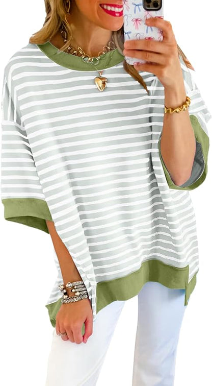 SHEWIN Womens Tops Casual Short Sleeve Sweatshirt Crewneck Striped Shirt Pullover T Shirts Loose Blouses