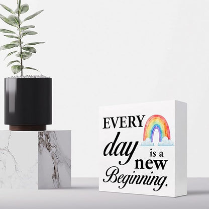 Positive Wood Box Sign Desk Decor,Every Day is a Fresh Beginning Wood Plaque Signs,Rustic Inspirational Wooden Block Sign Decor for Home Office Shelf Table Decoration C1076