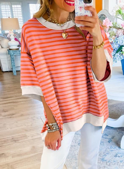 SHEWIN Womens Tops Casual Short Sleeve Sweatshirt Crewneck Striped Shirt Pullover T Shirts Loose Blouses