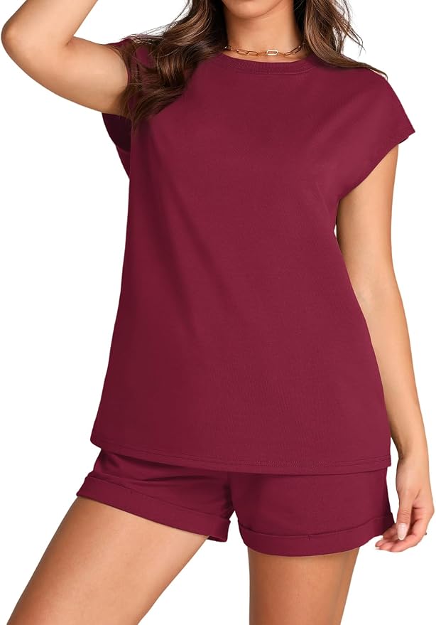 WIHOLL 2 Piece Sets for Women Casual Summer Travel Vacation Outfits Cap Sleeve Shorts Lounge Set