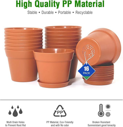 WOUSIWER 16 Pack 6 inch Plastic Planters, Plastic Indoor Planter Flower Pots, Heavy Duty and Stylish 6 Inch Plant Pots for Indoor Plants with Drainage Holes and Tray for Plants, Flowers, Terracotta