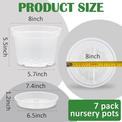 7 Pack 8 Inch Clear Nursery Pots with Saucer, Transparent Plastic Plant Pot with Drainage Holes, Sturdy Plant Starter Pots, Planter Pot for Planting Succulent Flower Herb Vegetable, Gardening Gifts