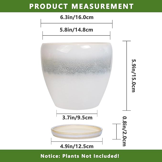 6.3 Inch Plant Pot - Ceramic Planters for Indoor Ourdoor Plants, Modern Succulent Pot, Round Planter with Drainage Hole and Saucer, Room Office Garden Home Decor, Plant Lover Gift, White-Grey