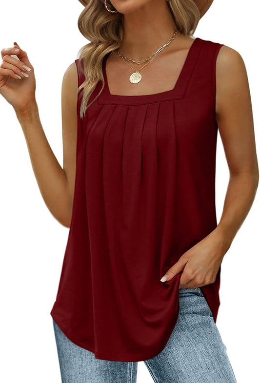 Saloogoe Summer Tank Tops for Women Loose Fit Pleated Square Neck Sleeveless Tops Curved Hem Flowy