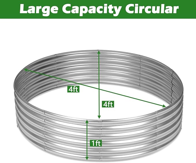 OUSHENG 4x4x1ft Round Galvanized Raised Garden Beds Outdoor, Steel Fire Pit Ring Flower Planter Large Metal Above Ground Boxes Kit for Gardening Vegetables Outside