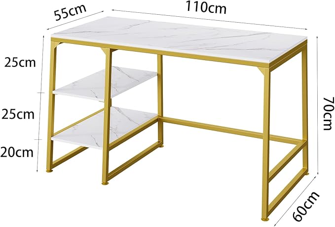 CIVANA Metal Office Desk，43 Inch Small Study Desk,Gold Office Desk with 2 Tier Storage Space，Computer Desk Modern Simple Style，Sturdy Writing Workstation for Home & Office，White Marble + Gold Leg