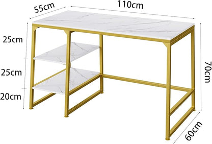 CIVANA Metal Office Desk，43 Inch Small Study Desk,Gold Office Desk with 2 Tier Storage Space，Computer Desk Modern Simple Style，Sturdy Writing Workstation for Home & Office，White Marble + Gold Leg