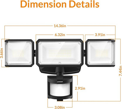 LEPOWER Battery Powered LED Flood Light Outdoor,1500LM Motion Sensor Security Lights, IP65 Waterproof,Wireless Flood Light Battery Operated,3 Head Motion Detector Light for Garage,Yard,Porch(Black)