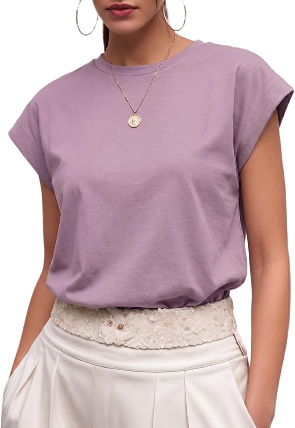 GRECERELLE Womens Summer Tops Cap Sleeve Crew Neck Basic T-Shirt | Everyday Casual Wear, Layering Friendly, Wrinkle-Resistant, Business Casual Ready, Lightweight & Packable, Capsule Wardrobe