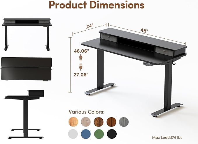 BANTI 48x24 Inch Electric Standing Desk with Double Drawers, Adjustable Height Stand Up Desk, Sit Stand Home Office Desk with Storage Shelf, Black Top