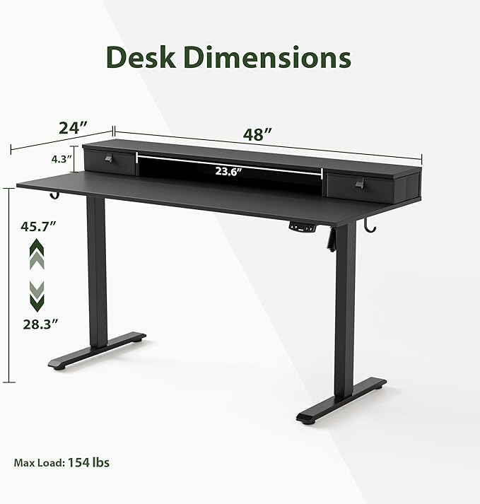 48 x 24 Inches Electric Standing Desk with 2 Storage Drawers, Stand Up Desk Adjustable Height, Sit and Stand Computer Table with Splice Board, Black