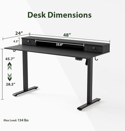 48 x 24 Inches Electric Standing Desk with 2 Storage Drawers, Stand Up Desk Adjustable Height, Sit and Stand Computer Table with Splice Board, Black