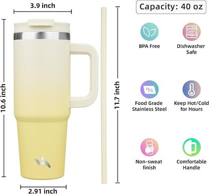 Konokyo 40 oz Insulated Tumbler Water Bottle with Handle, Straw Lid | BPA-free and dishwasher safe; made for gym, travel, coffee and gifting, 2 straws, cup holder friendly,Lemon
