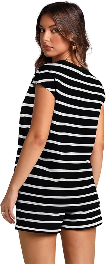 WIHOLL 2 Piece Sets for Women Casual Summer Travel Vacation Outfits Cap Sleeve Shorts Lounge Set