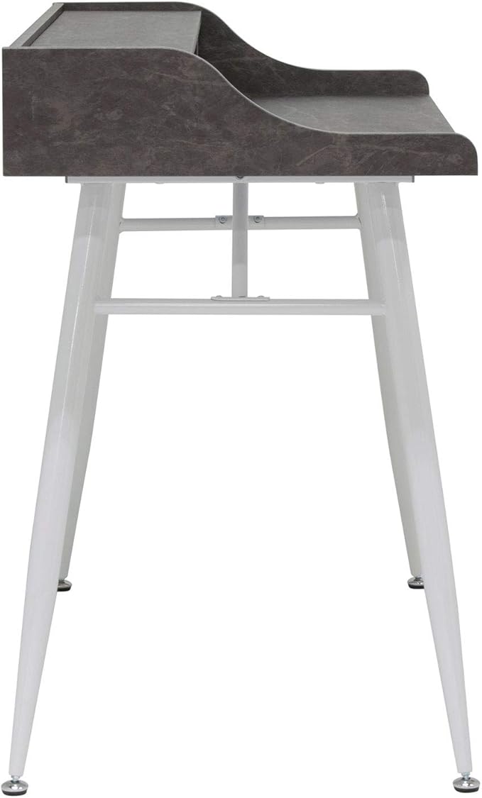 Calico Designs Woodford 45” Wide Modern, Secretary, Writing, Desk with Low Storage Hutch and Whtie Metal Tapered Legs in Marbled Dark Grey, White