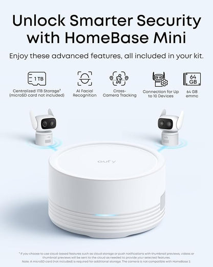 eufy Security Indoor&Outdoor Camera C31,2-Pack with HomeBase Mini(64GB Included),IP66,Spotlight-Free Color Night Vision,360°Pan&Tilt, AutoTracking,Human/Car/Pet/Cry Detection,24/7 Recording