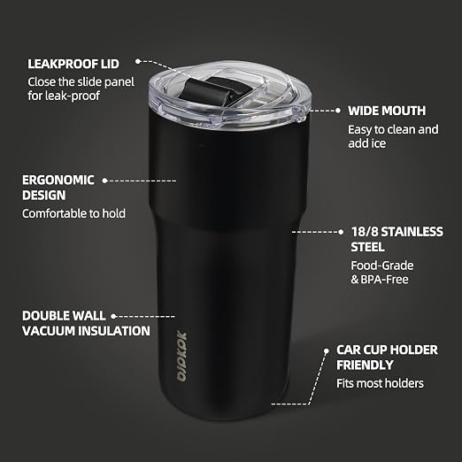 BJPKPK 20oz Spill Proof Coffee Tumbler, Insulated Stainless Steel Cup | Double Wall Vacuum, Leakproof Lid, Keeps Hot/Cold/Iced, BPA Free, Dishwasher Safe, Cupholder, Travel, Black