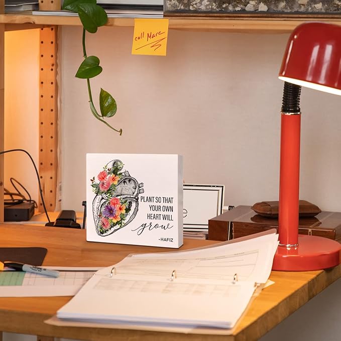 Home Office Desk Wooden Box Sign Decor, Plant So That Your Own Heart Will Grow, Inspirational Quotes Desk Decor Motivational Desk Decorations for Women Men Student Office Classroom School
