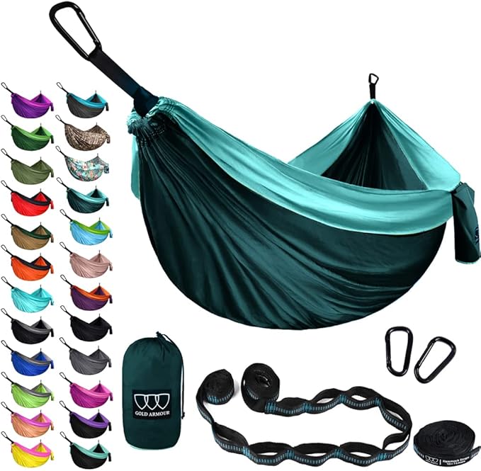 Gold Armour Camping Hammock - XL Double Hammock Portable Hammock Camping Accessories Gear for Outdoor Indoor with Tree Straps, USA Based Brand (Turquoise and Seafoam)