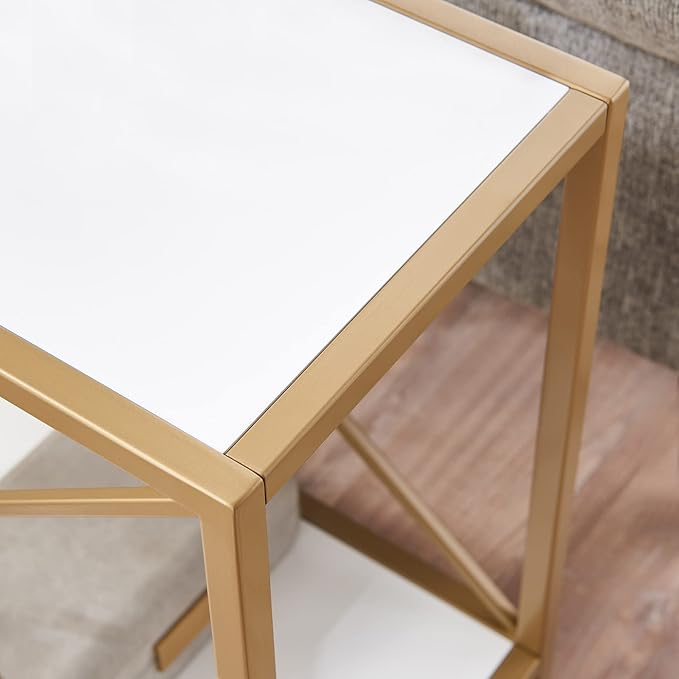 Leick Home 9217-WTGL Claudette Mixed Metal and Wood Side Table with Shelf, White/gold