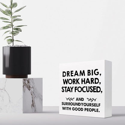 Motivational Wood Box Sign Desk Decor,Dream Big Work Hard Stay Focused Wood Plaque Signs,Rustic Positive Wooden Block Sign Decor for Office Workplace Classroom Shelf Table Decoration C1077