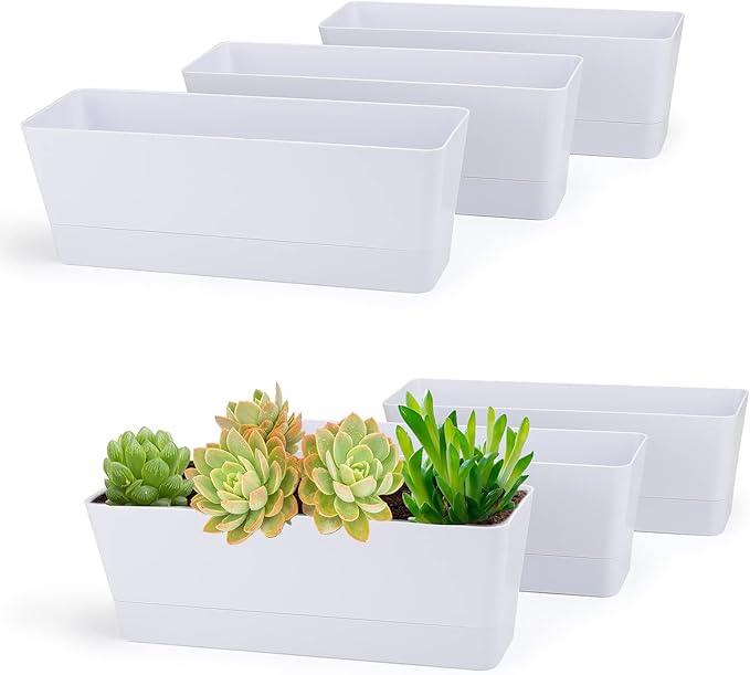 GREANER 12x3.8 Inch Herb Planters, 6 Pack White Rectangle Window Boxes with Tray, Indoor Succulent Cactus Mint Plastic Pot with Saucer for Windowsill, Balcony, Office, Outdoor Garden