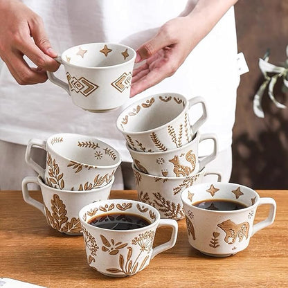 Small Ceramic Mug 1 pc, 11oz - Vintage Coffee Mug, Pottery Cups for Milk, Latte, Cappuccino, Tea - Handmade Porcelain Dishwasher, Microwave Safe Stoneware Gift for Women Men, Brown Leaf