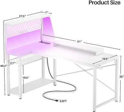 Homieasy Small Gaming Desk with Power Outlets Pegboard LED Light, 51 Inch L Shaped Computer Desk with Monitor Stand Storage Shelves, Reversible Corner Desk with Headset Hooks, White