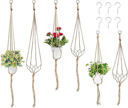Swpeet 6 Pack 3 Sizes Macrame Hanging Planter Holder Plant Hanger with 6 Pack 2.9 Inch Ceiling Cup Hooks Kit, Hanging Planter Basket Rope Holder for Indoor Outdoor Decorations Beautiful Hanging