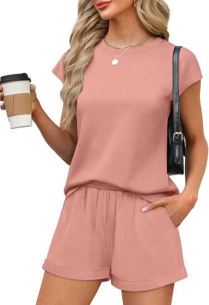 WIHOLL 2 Piece Sets for Women Casual Summer Travel Vacation Outfits Cap Sleeve Shorts Lounge Set