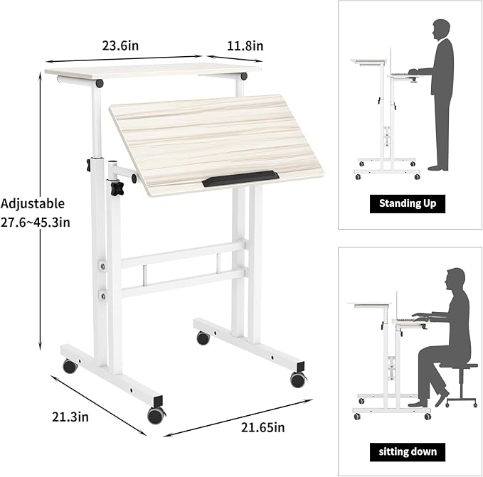 SDHYL Mobile Stand Up Desk, 24 inch Laptop Computer Desk Adjustable Standing Home Office Desks with Roller, Student Desk School Desk Simple Stand Up Desk Small Desks for Small Spaces, Maple