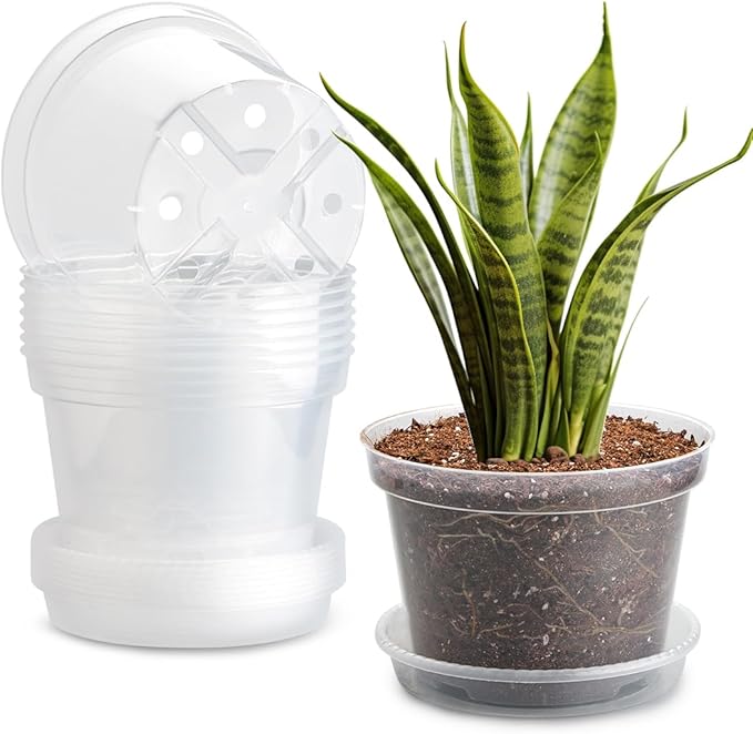 7 Pack 8 Inch Clear Nursery Pots with Saucer, Transparent Plastic Plant Pot with Drainage Holes, Sturdy Plant Starter Pots, Planter Pot for Planting Succulent Flower Herb Vegetable, Gardening Gifts