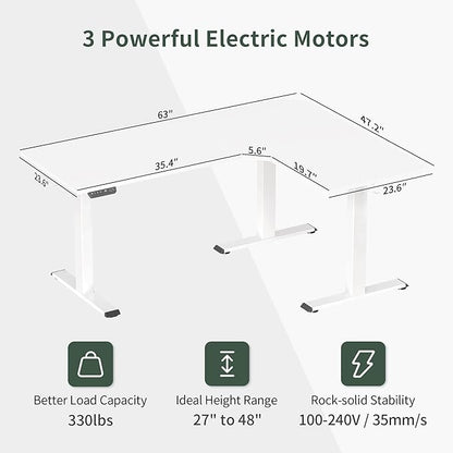 FEZIBO Triple Motor L-Shaped Electric Standing Desk, 63 Inches Height Adjustable Stand up Corner Desk, Sit Stand Workstation with Splice Board, White Frame/White Top