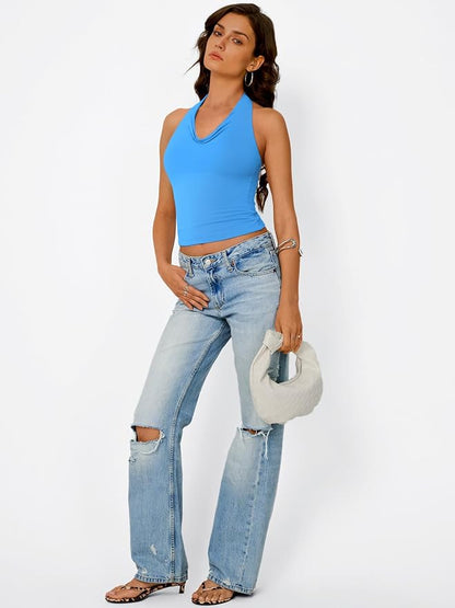 Trendy Queen Halter Tops for Women Going Out Summer Top | Cowl Neck Shirts, Sexy Backless, Fashion Y2K Clothes, Perfect for Party, Club, Vacation, Pair with High-waisted Bottoms