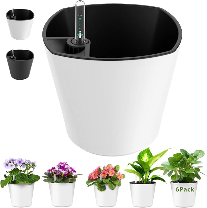 7 inch Plant Pots 6-Pack, Self Watering Flower Pots Indoor Outdoor, African Violet Pots Planters with Drainage Hole Saucer Reservoir, White