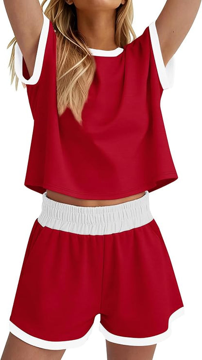 WIHOLL Two Piece Sets for Women Summer Lounge Short Sets Cap Sleeve Crew Neck Sweatsuit with Pocket XS-2XL