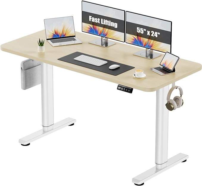 Electric Standing Desk Adjustable Height Stand Up Desk, 55" x 24" Sit Stand Desk, Low Noise Home Office Desk, Computer Desk with Splice Board, Child Lock & Memory Function, Maple