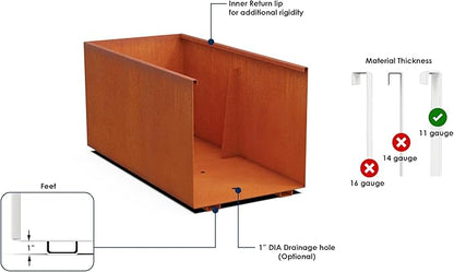 Plantercraft Large Rectangular Planters for Outdoor Plants - 48x12x30 Corten Steel Planter | Extra Large Planters Outdoor for Privacy Screen & Patio | Heavy Duty Metal Planter Rectangle