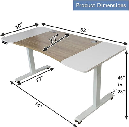 Dual Motor Electric Standing Desk - 63 x 30 Inch Adjustable Height Sit Stand Computer Desk with Splice Board, Stand Up Desk Table for Home Office, White Frame/Oak and White Top(with Radian)
